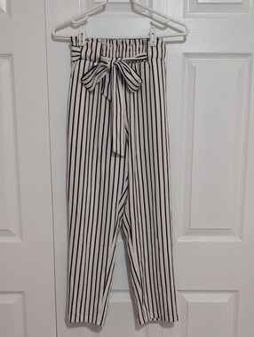 Grace Karin Black & White Vertical Stripe Paperbag Waist Pants
